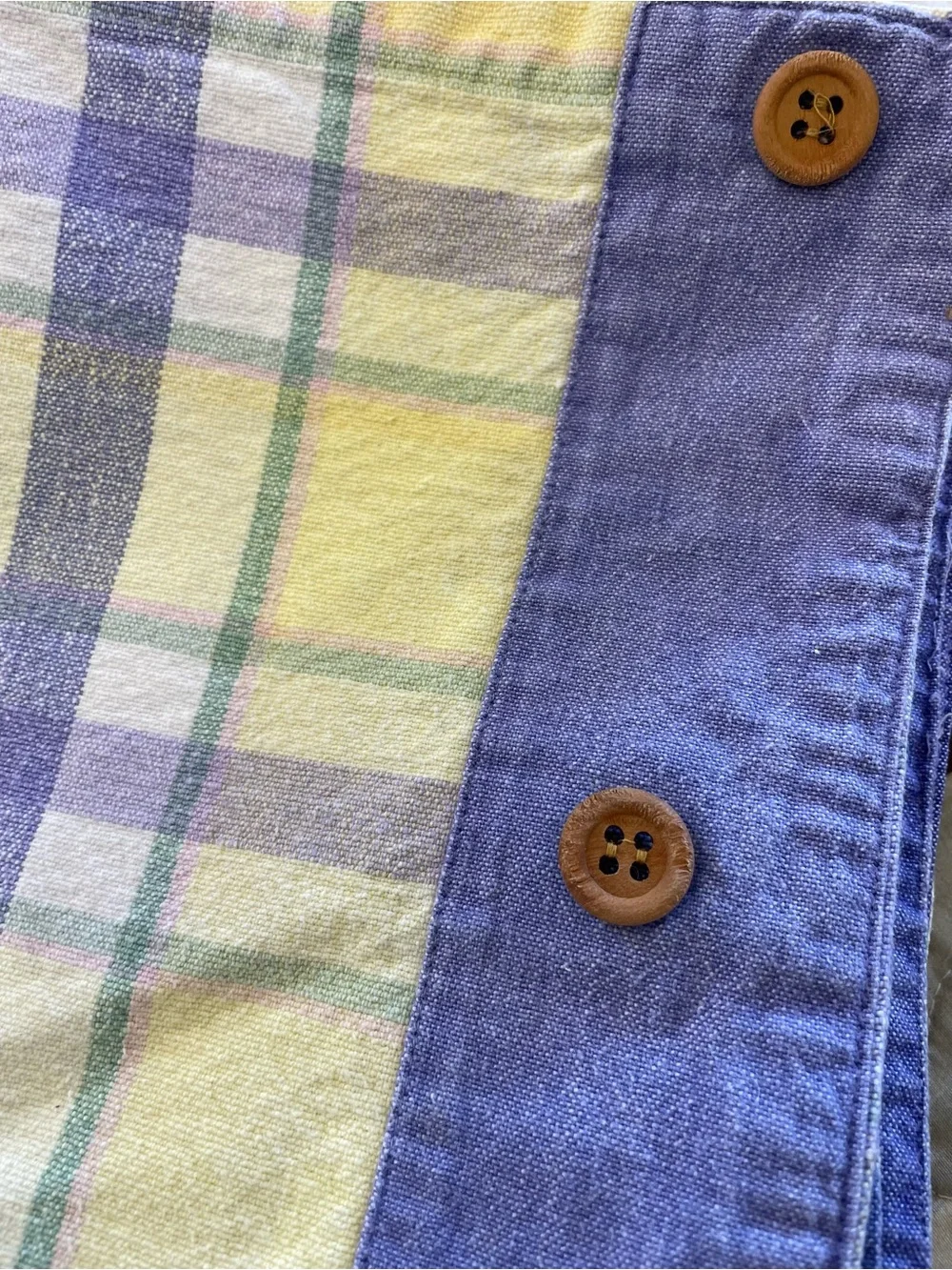 Set of 6 Lavender & Yellow Plaid Placemats with Wood Buttons, Preppy, Linens
